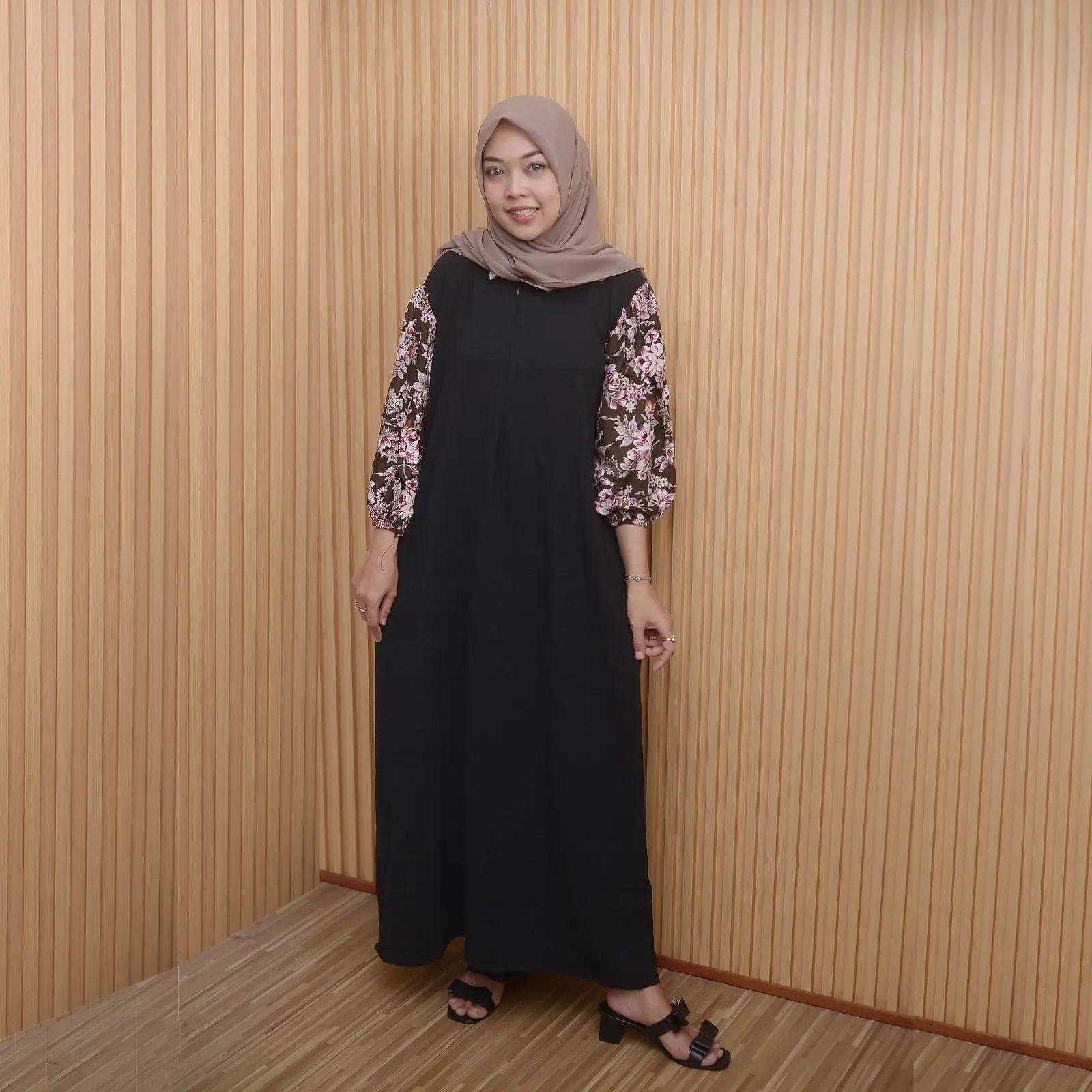 Dress panjang Crincle kombinasi Rayon lengan Balon long Dress Gamis LD 120 - 140 Oversize by elmemor
