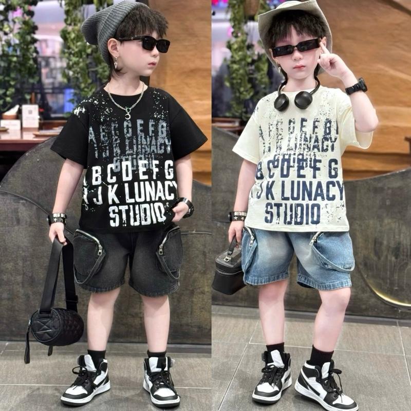  | Tiến Yến Kids | Set đồ bé trai form rộng – áo thun in chữ + quần jean túi hộp | 12–45kg |JEAN COTTON Setdochobetrai 2025 