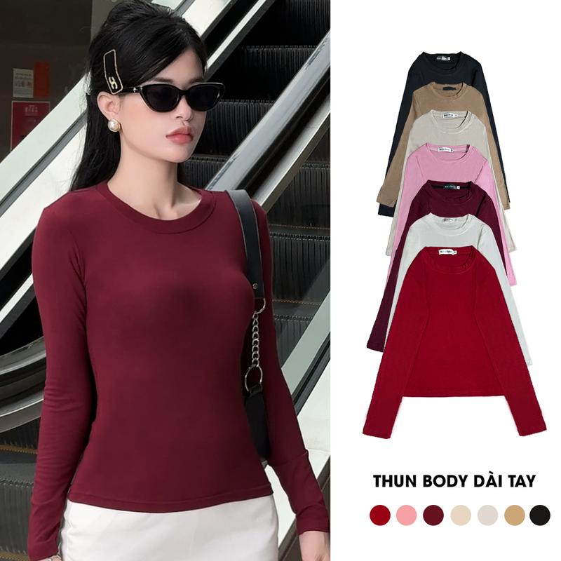 Áo thun dài tay nữ cổ tròn , áo giữ nhiệt ôm body siêu co giãn , chất cotton mịn dày nhiều màu