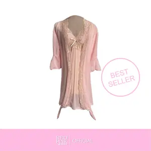 [ RedPink ] Stelan Nightwear Lingerie Sexy 3IN1 Desain Soft Lace Corak Flower Flavour Wanita Dewasa Mewah Elegan Romantic Menggoda Style Dress With Pita Beatiful Tali Pundak For Adjustable Mid Back Cross Silng Sleeve Kimono 3/4 Belt G-String Sifon KK31