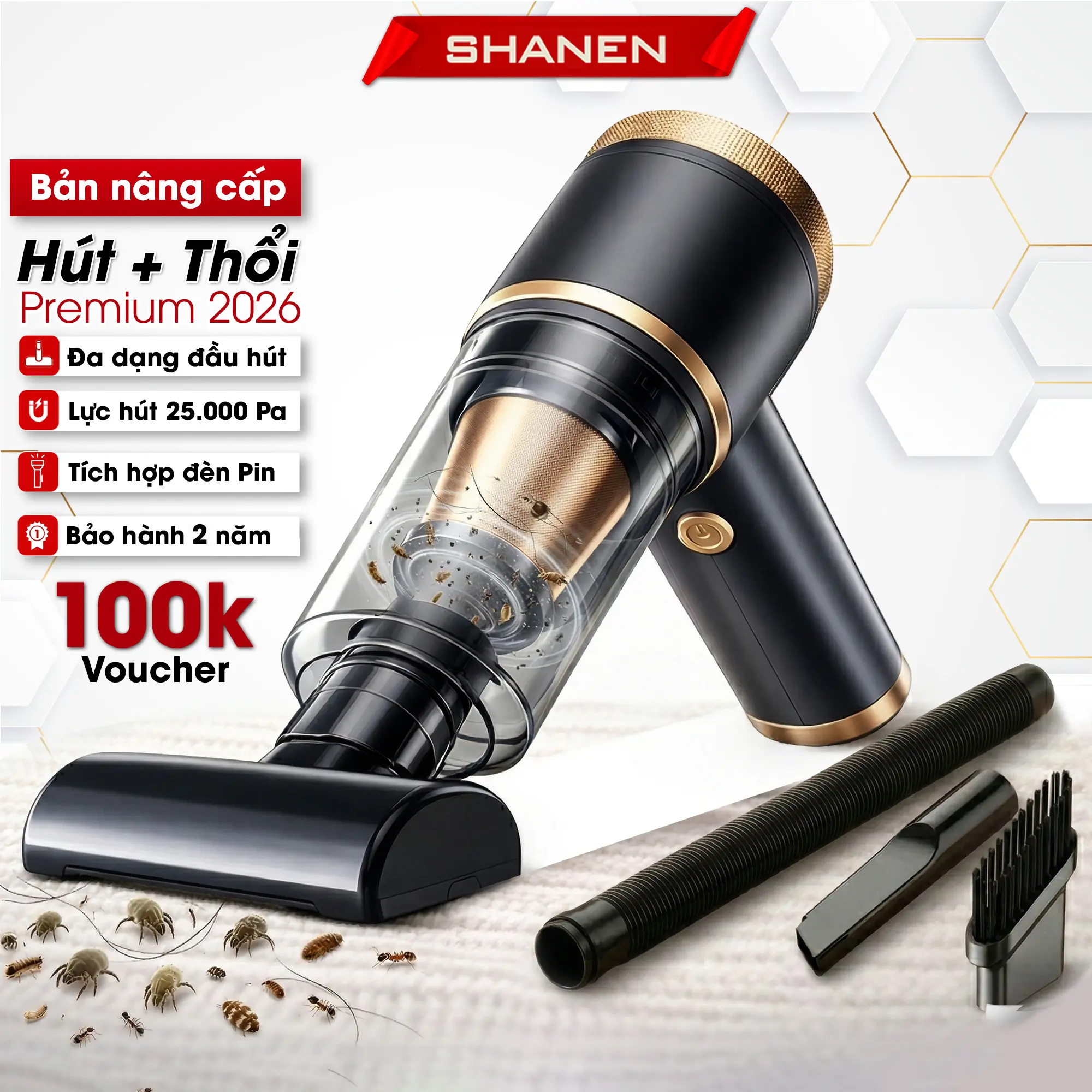 ( TRI ÂN ) Máy hút bụi cầm tay mini không dây SN SHANEN, 3 cấp độ gió, đầu hút 8in1 lực hút 25000Pa, Bảo hành 24 tháng