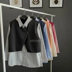 Atasan Kemeja Kombinasi Vest Salur Wanita Lengan Panjang Size M L XL XXL 3XL JUMBO - Kerta Top Stripe Shirt Kara Ribyla