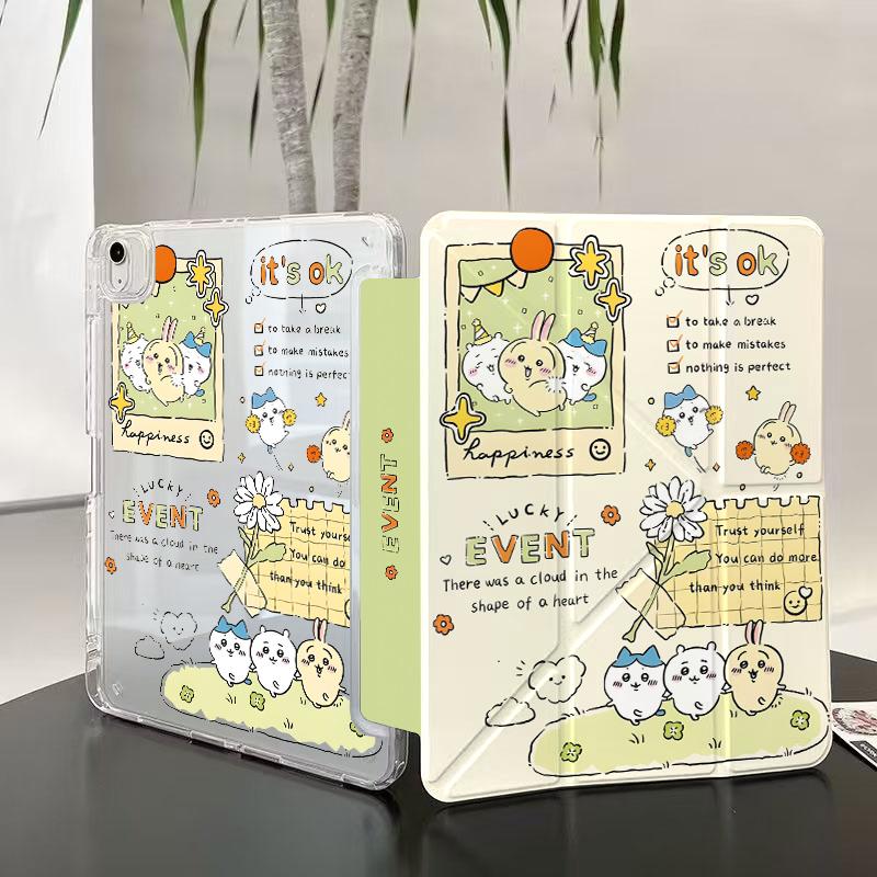 Vỏ máy tính bảng Usagi Chiikawa dễ thương nếp gấp 3Y có ngăn đựng bút, đa góc…