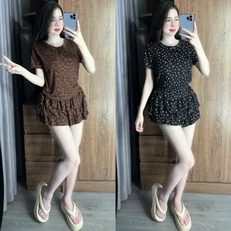 SET Bộ Áo Thun Hoa Nhí + Quần Tầng Giả Váy Mặc Nhà Dạo Phố.