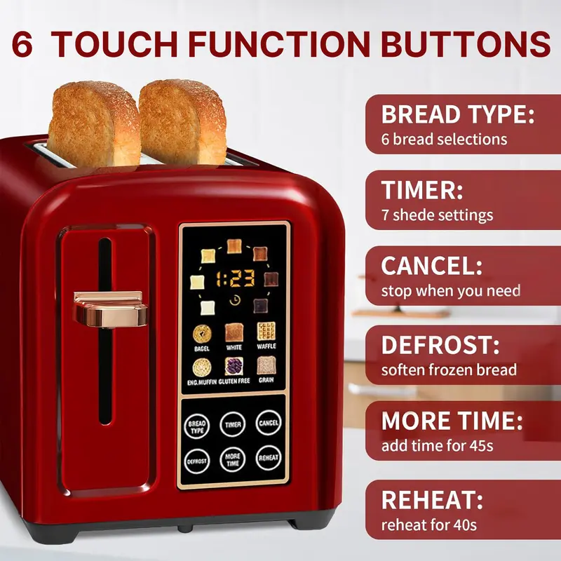 Product Introduction of Toaster 2 Slice, Stainless Toaster LCD Display&Touch Button, 50% Faster Heating Speed, 1.4'' Wide Slots Toaster, 4 Basic+More Timer Functions, Removable Crumb Tray, 1350W 5