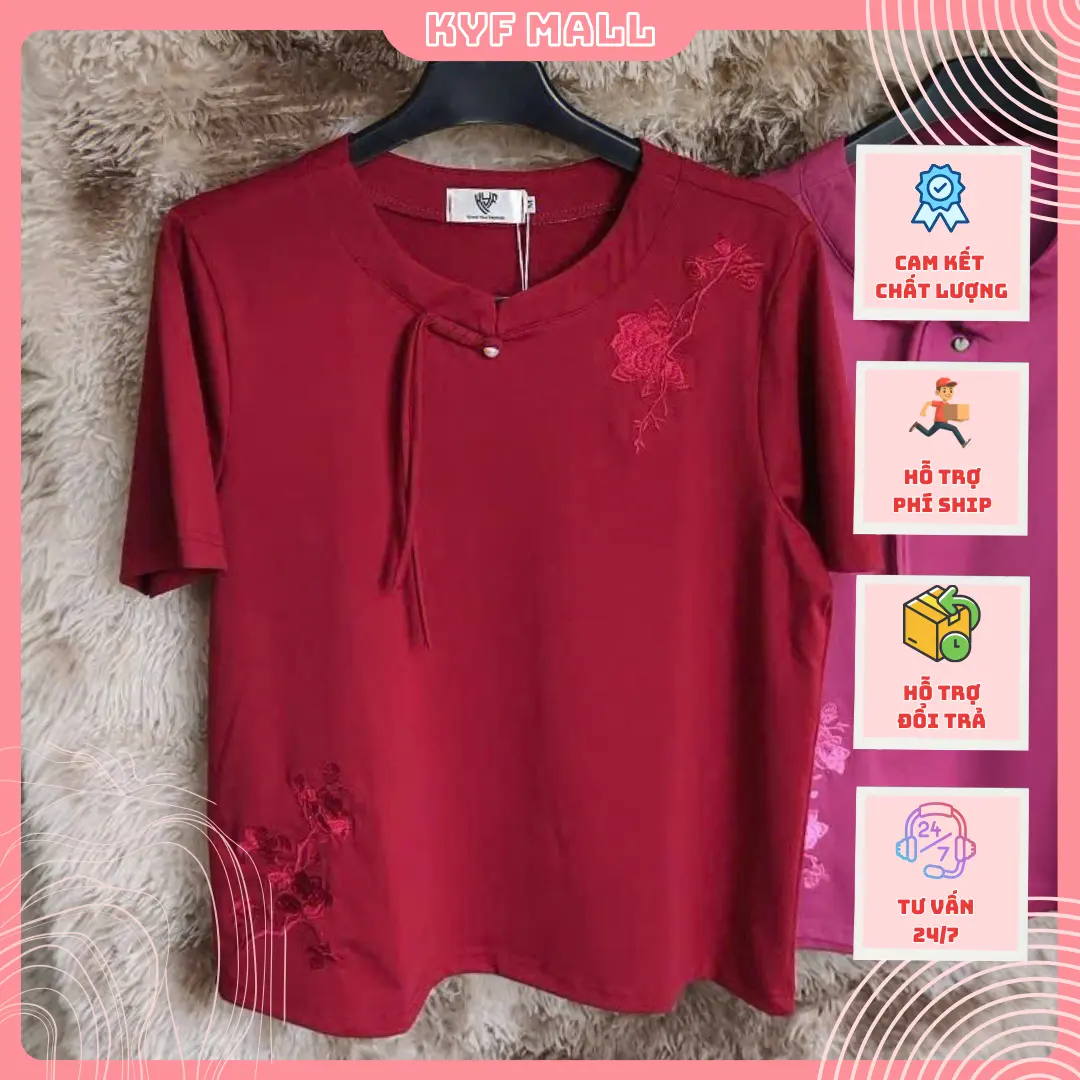 Áo thun nữ thêu hoa có tết xoắn - Áo nữ trung niên - Form rộng - Cổ tròn, Che bụng mỡ - KYF-TON-THUNHOA Top Women Cotton Đỏ