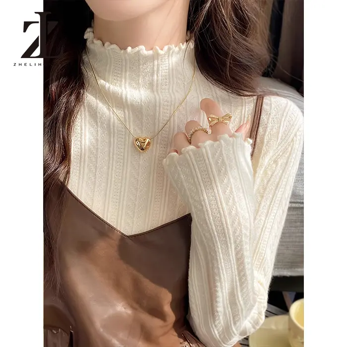 Áo len nửa cổ cao màu trắng đáy Áo sơ mi nữ Nấm cạnh dệt kim hàng đầu
