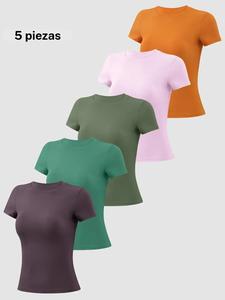 Camiseta deportiva de cuello redondo para mujer, Camiseta deportiva de manga corta y cuello redondo para uso diario al aire libre, Ropa deportiva de mujer para todas las temporadas