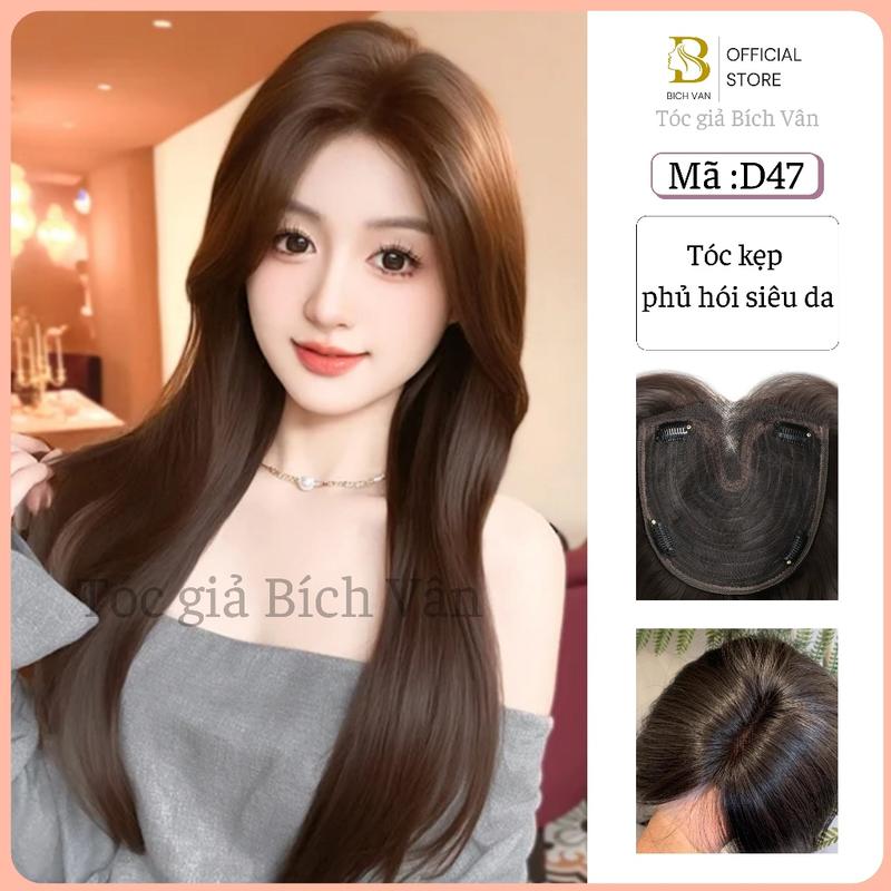Tóc kẹp phủ hói siêu da xoăn sóng Bích Vân , tóc giả che hói đỉnh đầu 55cm