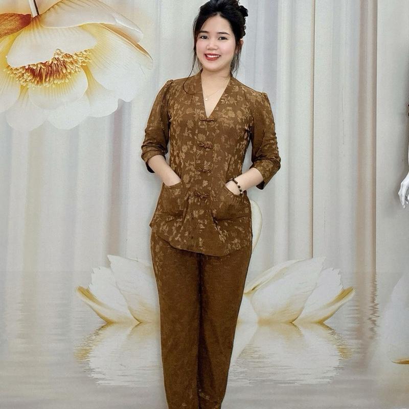 B64 Đồ bộ bà lai nữ trung niên quần ống nhỏ, thun axetat (thun gấm) thương hiệu Hải Sơn Women
