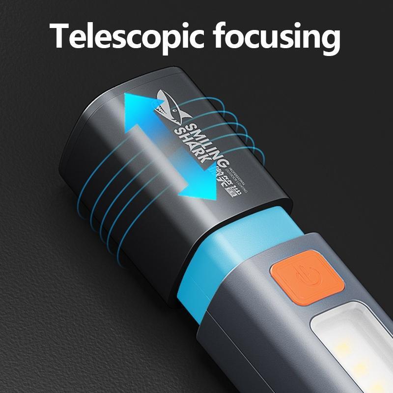 Product Introduction of Smiling Shark LED Torch Light XPE Super Bright Flashlight with Hook Camping Light USB Rechargeable Zoomable Waterproof 8