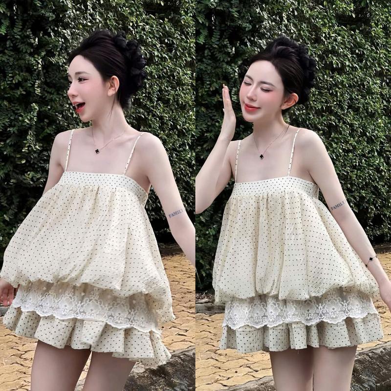  Đầm váy nữ tơ giấy chấm bi 2 dây cổ vuông tùng bí phồng phối ren from ngắn dáng xòe  có lót  sang chảnh dàng cho các nàng diện đi chơi đi tiệc.women top 