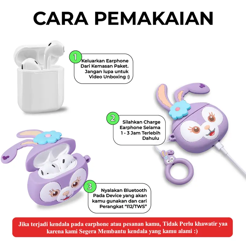 Matei COD Headset Bluetooth I12 Dengan Casing Kartun Lucu Transparan True Wireless inpods 12 Earphones 3