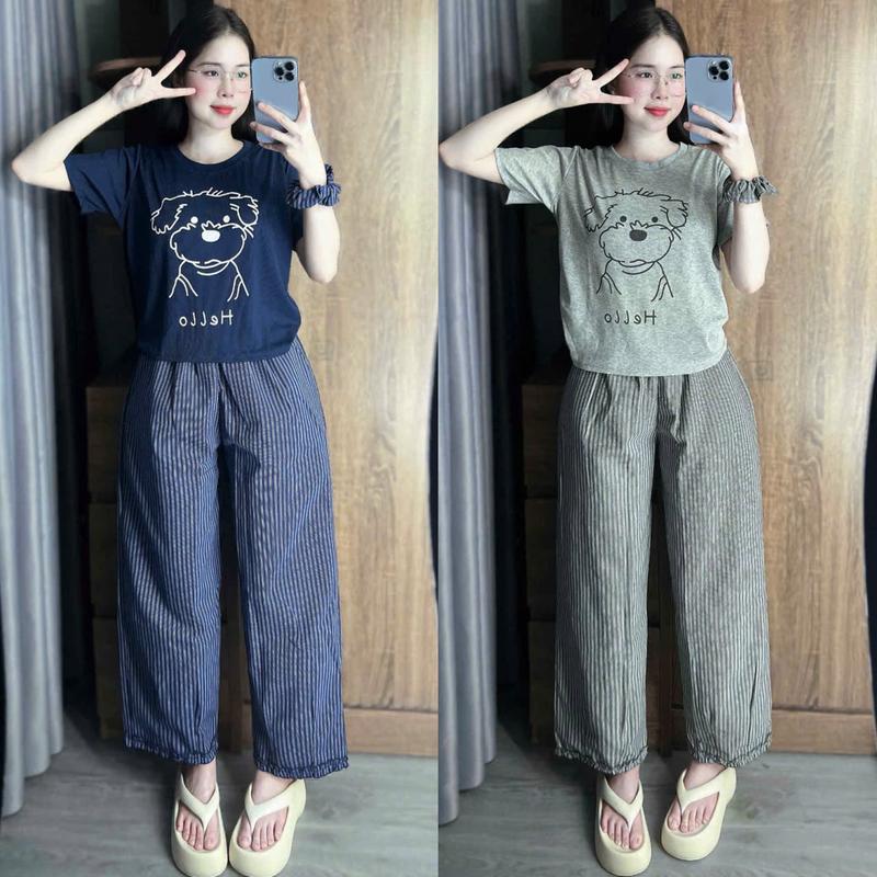 Set đồ nữ xinh BigSize, Set bộ Áo THUN TĂM In Hình CÚN HELLO Mix Quần SỌC SUÔNG, lai quần có phối bèo (KÈM DÂY BUỘC TÓC)