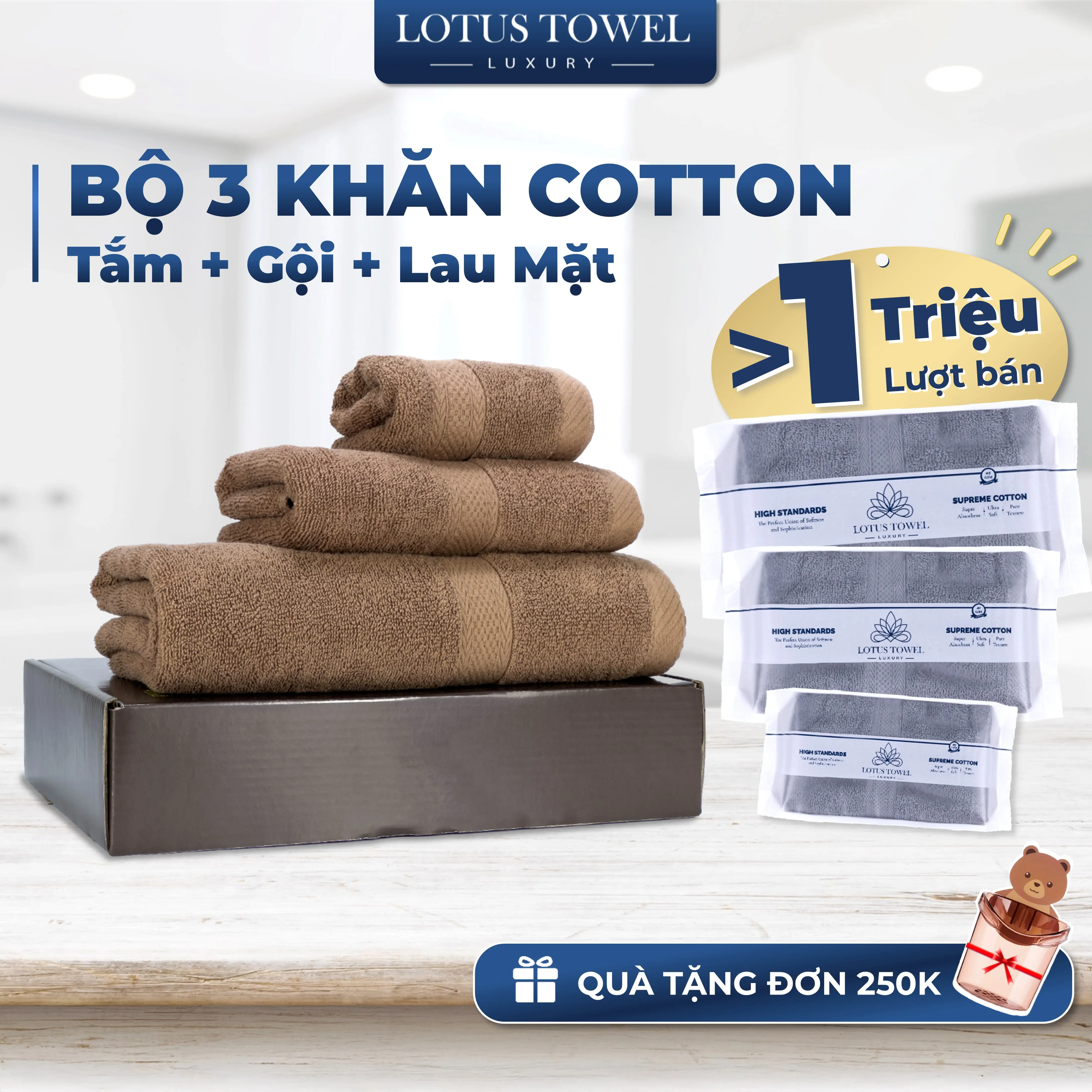 Bộ 3 Khăn ( Khăn Tắm, khăn Gội, Lau mặt) lotustowel Làm Từ Sợi Cotton Cao Cấp, Mềm Mịm, Thấm Hút, Không Ra Màu Dùng cho Nhà Tắm, Spa, Khách sạn, Resort