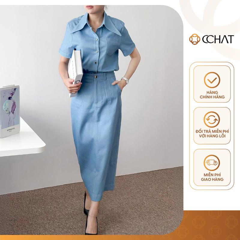 Bộ Đồ Nữ CCHAT Denim Trendy Áo Cài Khuy Túi Ốp Chân Váy Suông Túi Sườn Xẻ Tà Diễu Ly Trang Trí Chất Jeans 15BNJ2011ST