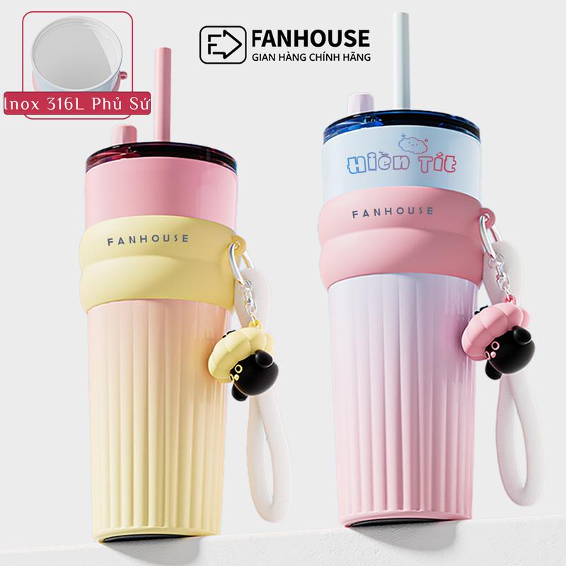 dauchinavlog Ly giữ nhiệt Candy Ceramic 710ml inox 316 phủ sứ ống hút linh động Fan House khắc tên theo yêu cầu