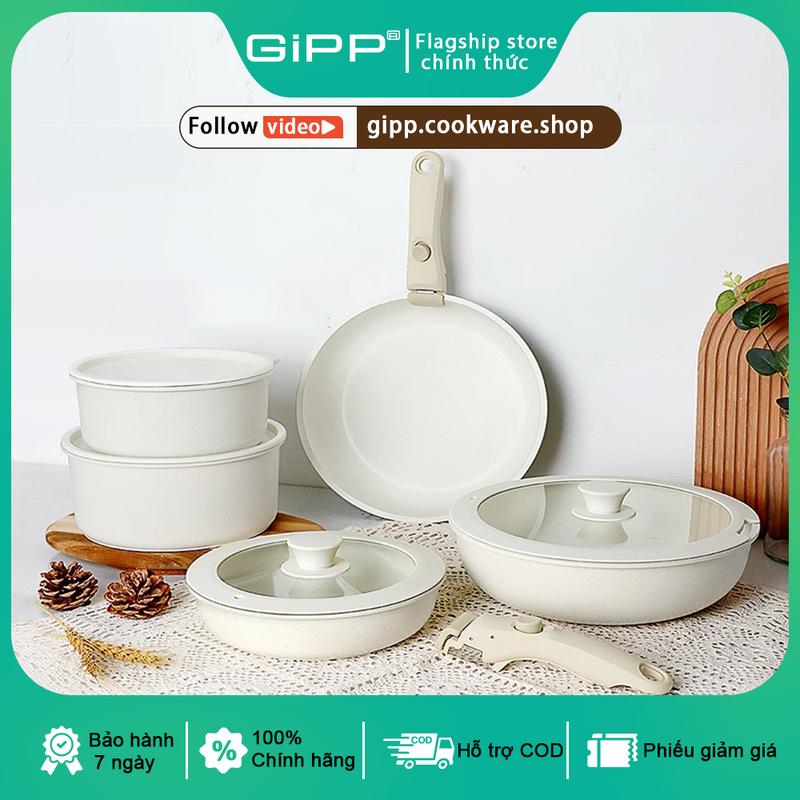 Gipp Bộ nồi chảo đá gốm 11pcs set chống dính cao cấp 5 món có tay cầm tháo rời dùng cho mọi loại bếp - Hàng chính hãng