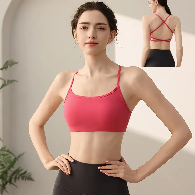 Women's Seamless Cup Sports Bra Cross Back Yoga Top Thin Straps, Breathable Gym Vest for Pilates Workouts