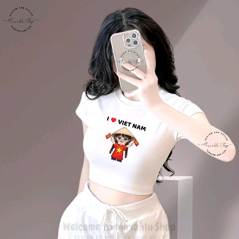 Áo Thun Croptop Basic Form Ôm Body Nữ Cổ Tròn Tay Ngắn In Hình "Hoạt Náo Viên I Love Việt Nam" Áo Kỷ Niệm, Quốc Khánh 2/9, Áo Thun Việt Nam, Áo Thun Quê Hương