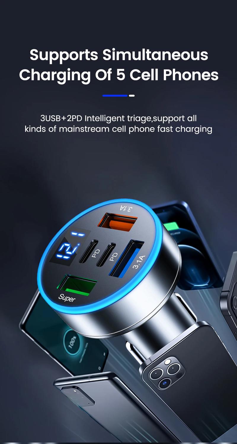 Product Introduction of 5-in-1 100W Car Charger 2Type-C+3USB-A Super Fast Charger Mini Car Charger Mobile Phone Accessories Charging For Huawei Xiaomi Vivo OPPO 4
