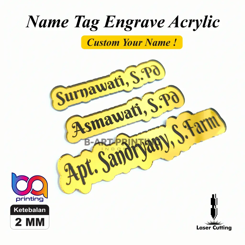 Bros Nama Akrilik / Nama Dada / Name Tag Akrilik Mirror Gold Rose Gold Silver Bros Nama Panjang Sendiri/ Name Tag Papan Nama Nama Dada Akrilik Gold SIlver Rose Gold Mirror Costum Bros Hijab/Bros Akrilik