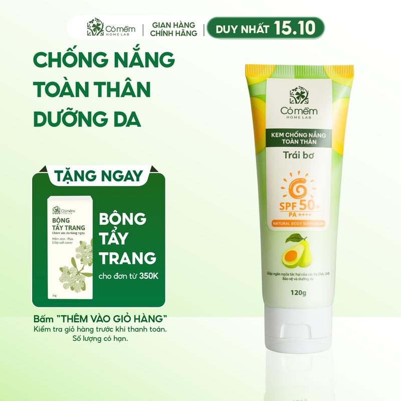 Kem chống nắng body Trái Bơ SPF 50+ PA++++ kháng nước dưỡng da toàn thân Cỏ Mềm 120gr