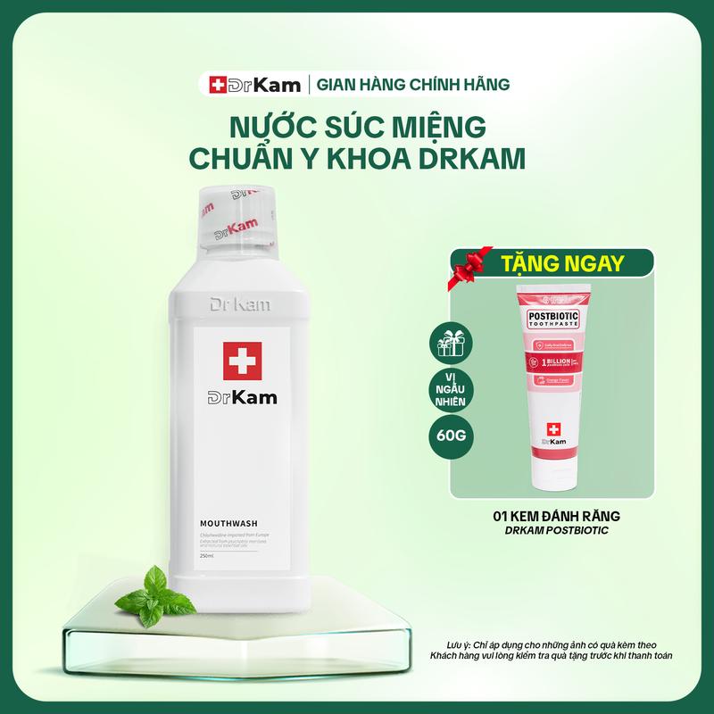 Nước súc miệng DrKam 250ml – Không cồn, không cay – Cho người viêm nướu, hôi miệng – Tặng kem đánh răng sinh học DrKam Postbiotic 60g
