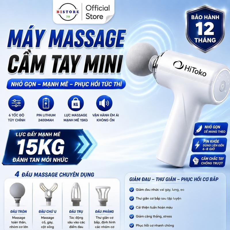 Máy Massage Mini Cầm Tay HiToKo 4 Đầu 6 Cường Độ Tùy Chỉnh, Máy Matxa Cầm Tay Công Nghệ AI Cảm Biến Lực, Máy Massage Cầm Tay Tại Nhà