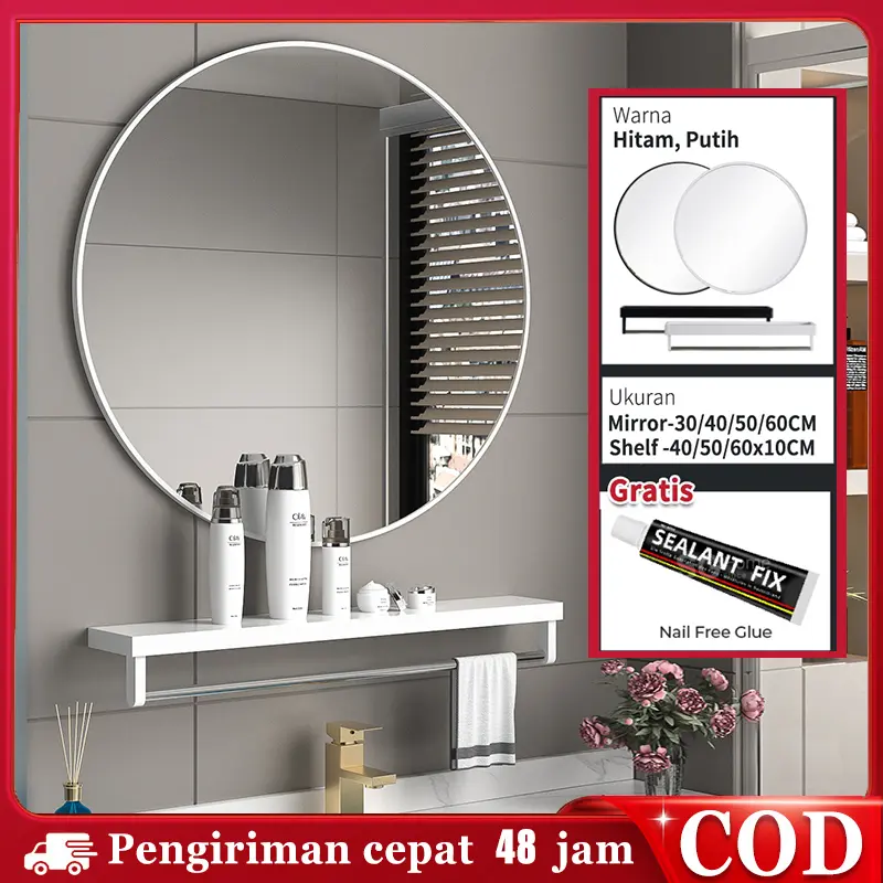 [Garansi] Cermin Kamar 60cm Mandi Cermin Bulat dengan Rak Bulat Rak Handuk Kamar Mandi Cermin Gantung 50cm Upgrade-Kemasan kayu