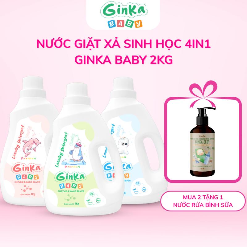 MUA 2 TẶNG 1 RỬA BÌNH Nước giặt xả sinh học 4in1 GINKA 2kg - Dành cho trẻ sơ sinh và trẻ nhỏ - Đạt Chứng nhận an toàn cho da và hô hấp