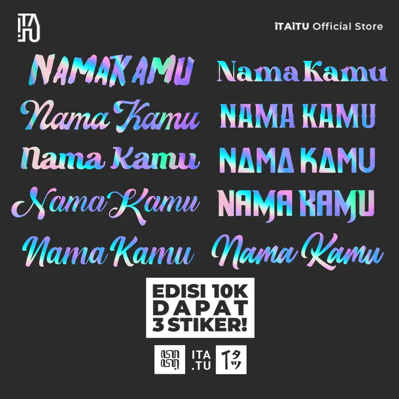 (10RB Isi 3) iTAiTU - STIKER CUTTING CUSTOM NAMA FONT HOLOGRAM REFLEKTIF Hitam Putih Sticker Car 0