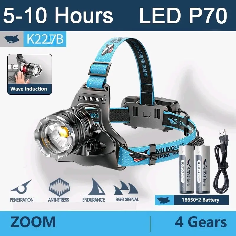 SENTER KEPALA SMILING SHARK K227B LED P70 ZOOM & SENSOR #CAHAYA PUTIH Baterai Lampu charger 0
