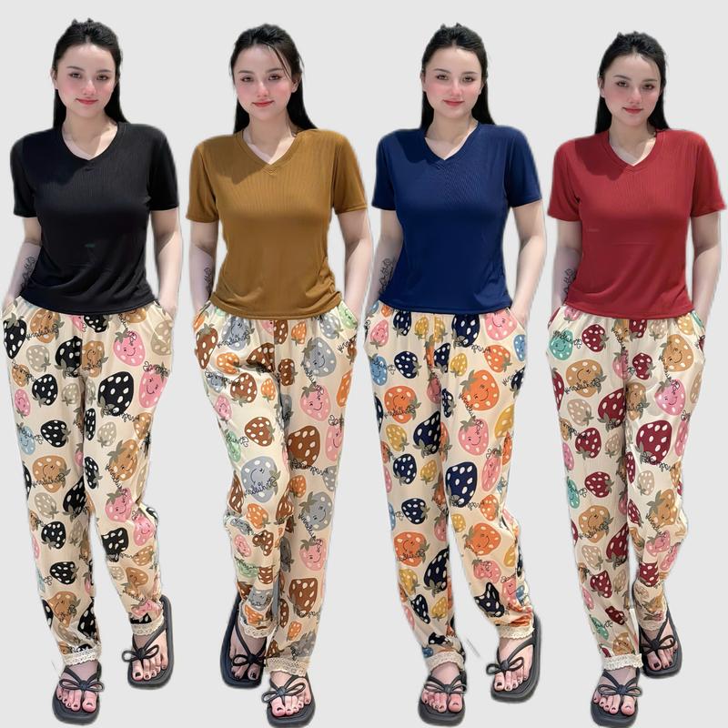 đồ bộ mặc nhà chất liệu thun gân áo cổ tim tay ngắn quần họa tiết dễ thương D30