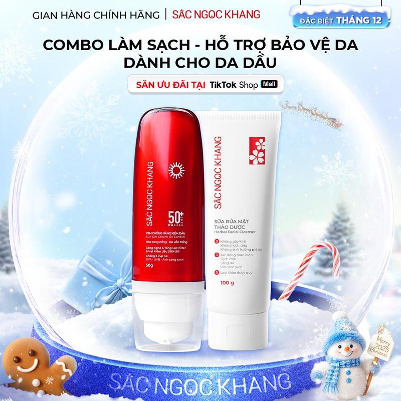 Combo Kem Chống Nắng Kiềm Dầu 50g & Sữa Rửa Mặt Thảo Dược 100g Sắc Ngọc Khang - Hỗ Trợ Nâng Tông Tự Nhiên Hạn Chế Lão Hóa Làm Đẹp Da Skincare Sunscreen