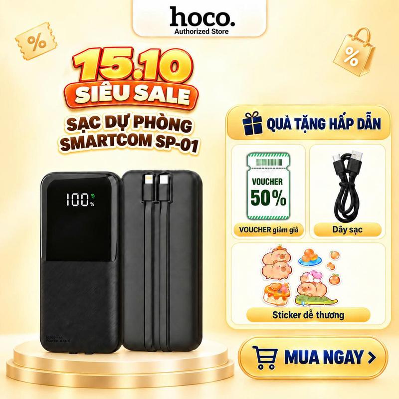 Sạc Pin Dự Phòng Smartcom 10000mAh SP-01 Chính Hãng - Pin Sạc Nhanh Kèm 2 Đầu Dây Sạc Đa Năng Tiện Lợi, Công Nghệ Chống Cháy Nổ An Toàn, Hỗ Trợ QC 3.0 & PD, Thiết Kế Nhỏ Gọn, Bảo Hành Lỗi 1 Đổi 1 Toàn Quốc, Tương Thích Mọi Dòng Máy