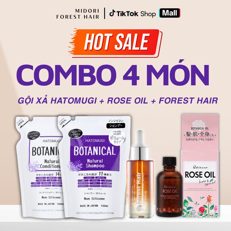 [COMBO 4] Dầu Gội và Dầu Xả Hatomugi Botanical Nhật Bản 400ml không chứa silicon, Dầu ủ Forest Hair 50ml, Dầu dưỡng Rose Oil 60ml
