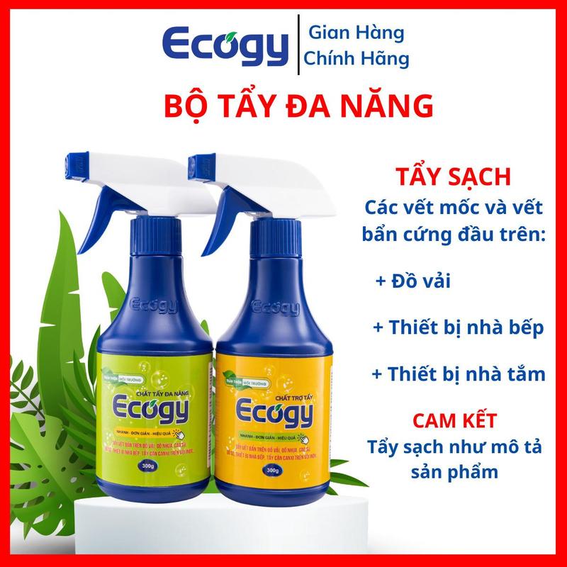 [ECOGY]; Deal độc quyền - Bộ tẩy đa năng Ecogy 600g/2 chai, Hỗ trợ làm sạch vết mốc, thâm kim, két mồ hôi, vết bẩn từ đồ ăn không có màu dính trên quần áo; Hỗ trợ làm sạch mốc trên cao su, nhựa, sứ, gạch men, inox. Dạng nước có vòi xịt.
