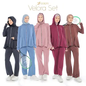 Zoefy - Velora Set Hoodie Zip Setelan Wanita Modest Sporty Celana Saku Thumbhole Set Olahraga Muslimah