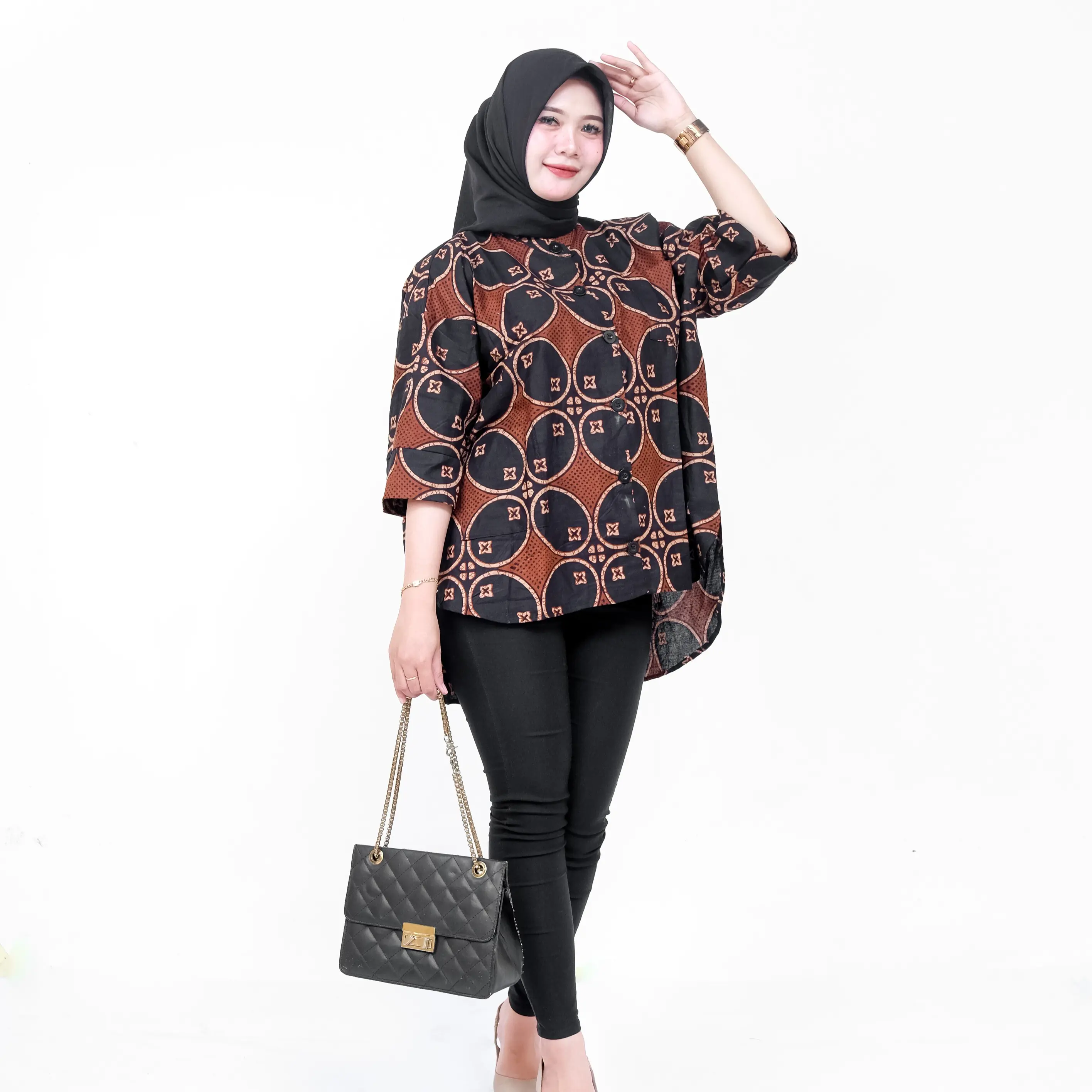 Baju Atasan kemeja Batik Wanita Oversize Katun Panjang Casual Hitam Cewek