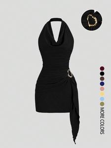 Vestido halter de color sólido para mujer, estilo casual para oficina, diseño elegante con espalda descubierta, perfecto para uso diario, a la moda y cómodo