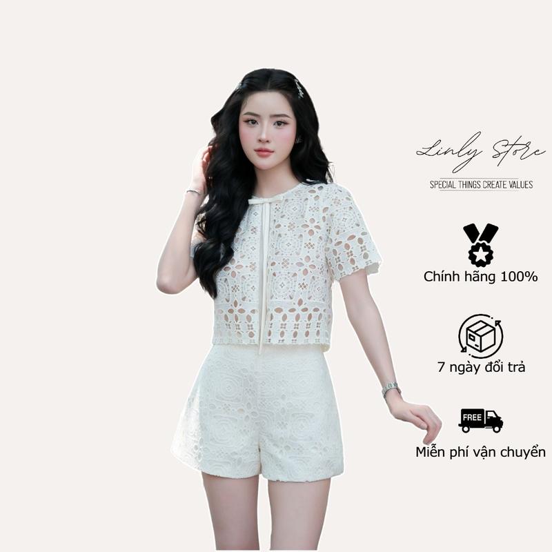 Set đồ nữ ren thiết kế, áo kiểu croptop phối nơ tiểu thư và quần short nữ cạp cao Linly Store