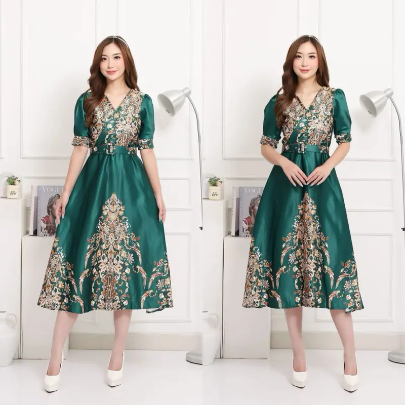 Emma.Butik E00195 Gaun Pesta Wanita Turkish Mewah Glamor Dress Natal Gereja Elegan Formal Pesta Motif Bunga V neck Cantik Kondangan 6