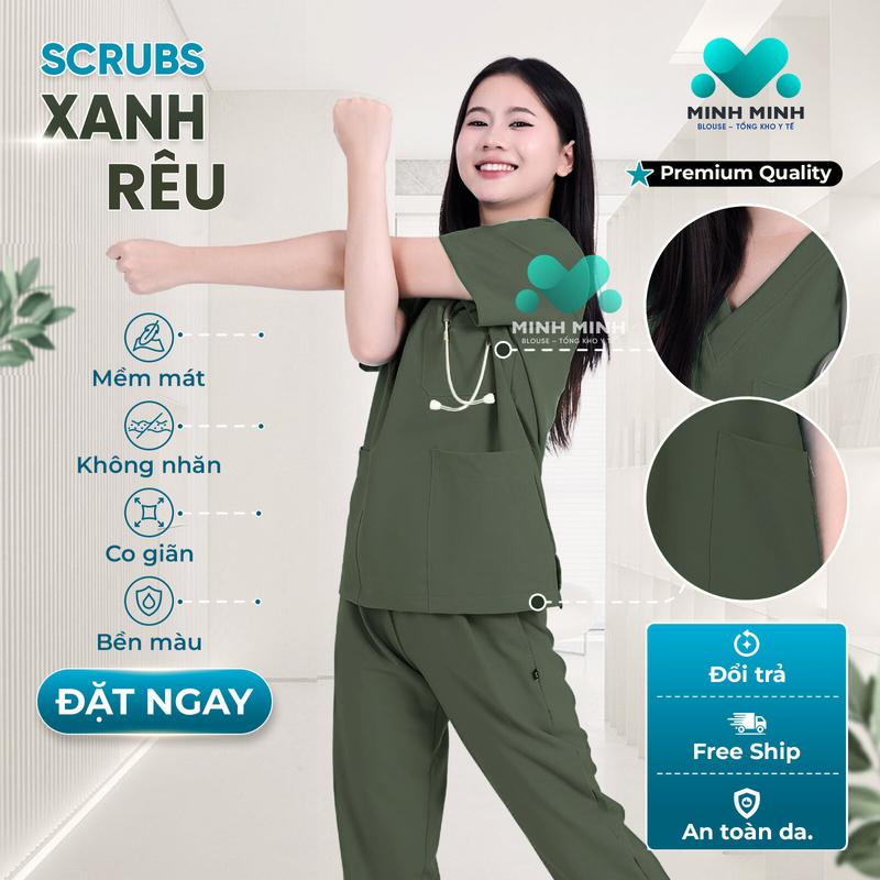  Bộ Scrubs XANH BỘ ĐỘI XANH RÊU đồng phục y tế dành cho bác sĩ điều dưỡng kĩ thuật viên nhân viên spa thẩm mỹ phòng khám bệnh viện 