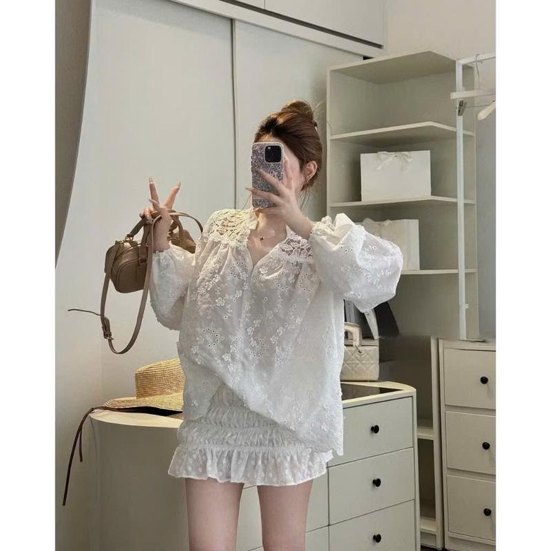 BIGSIZE HIẾU HIẾU 55-95KG - Set thời trang nữ xô ren hoa trắng Áo tay dài cổ v + Chân váy nhún dáng ngắn S651
