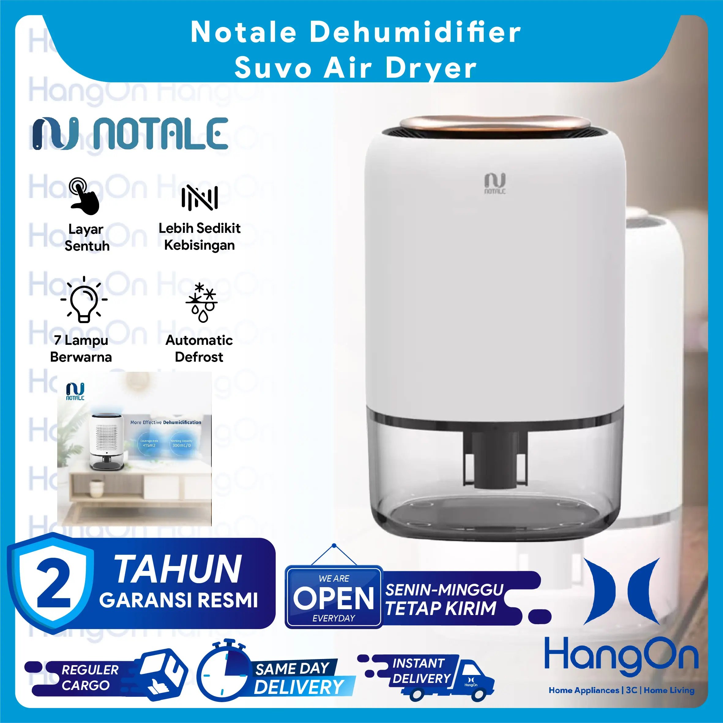 Notale Dehumidifier Suvo Air Dryer Serap Kelembapan Humidifier Touchscreen Layar Sentuh Auto off 7 Colors Light Kapasitas Tangki 1.1 Liter Dikantor Kamar Ruang Tamu Meja Belajar