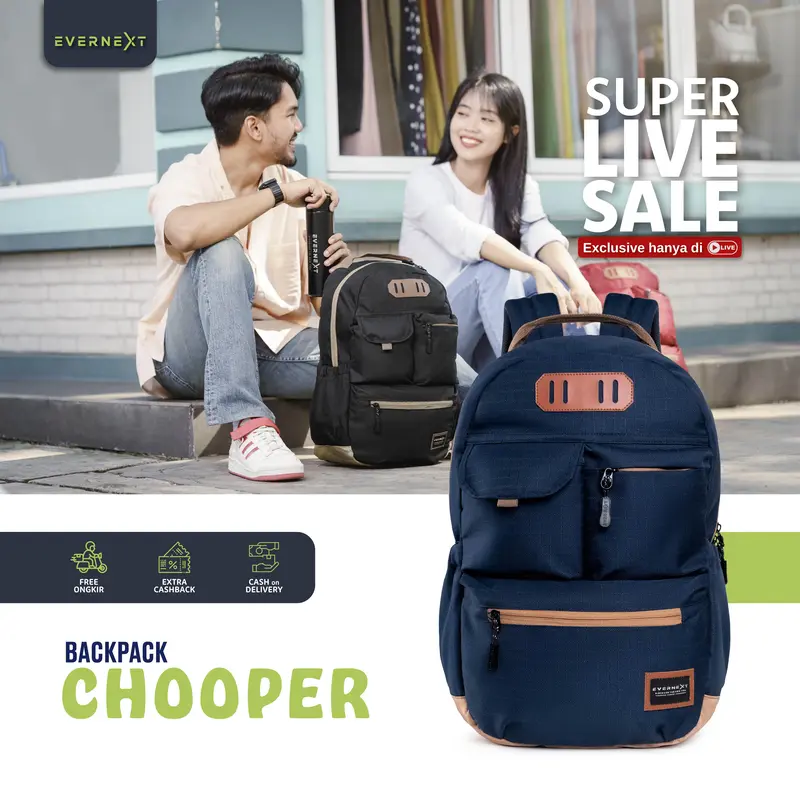 EVERNEXT Ransel Laptop Backpack Chooper Tas Punggung Pria Outdoor Sekolah Pria Kuliah Wanita 0