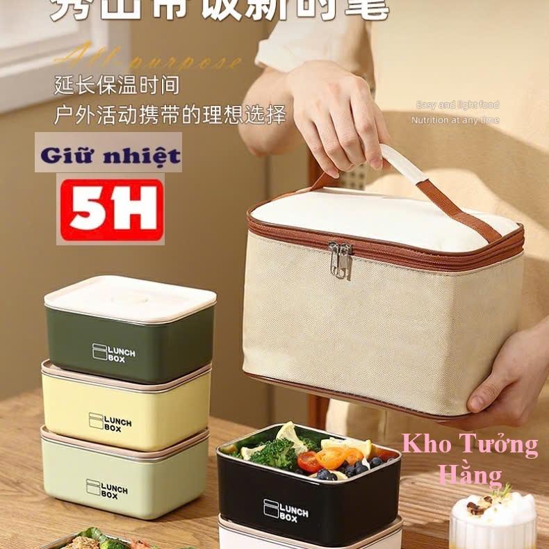 Hộp cơm giữ nhiệt hình chữ nhật chất liệu Inox 304 cao cấp - Tặng kèm túi và thìa đũa