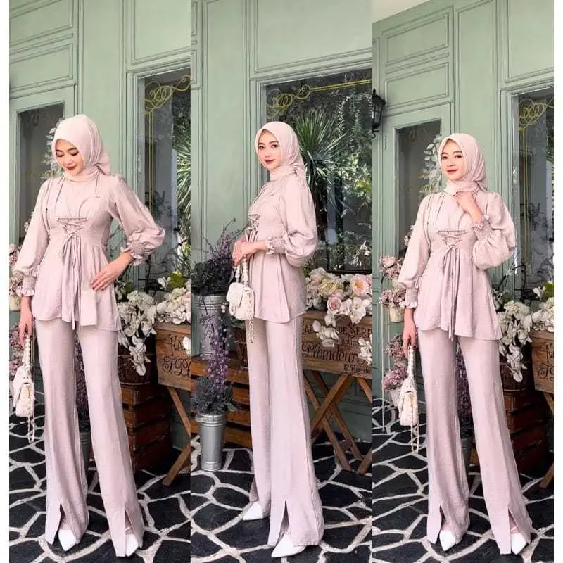 [ 𝐓𝐄𝐑𝐋𝐀𝐑𝐈𝐒 ] KEZIA SETELAN BLOUSE TALI ONE SET CELANA BELAH WANITA CRINCLE AIRFLOW PREMIUM (AMD) Grosirhijabsolo