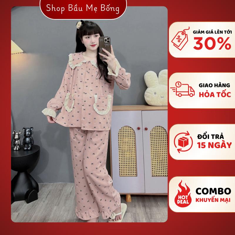Shop Bầu Mẹ Bống COMBO 2 Bộ Bầu Và Sau Sinh Chất Liệu Đũi Vân Mây Cổ Sen Phối Ren Áo Dài Quần Dài Họa Tiết Xinh Xắn Dành Cho Mẹ Bầu Dưới 76kg Freesize Thấm Hút Mồ Hôi Thoải Mái